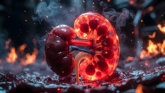 Inflamed kidney in a pool of blood and fire. Acute kidney injury and surgical emergency. Dramatic medical illustration depicting severe organ trauma and chronic renal disease