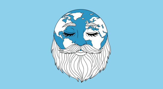 Creative personification of planet Earth as a wise elderly man with a long white beard and closed eyes on a blue background.