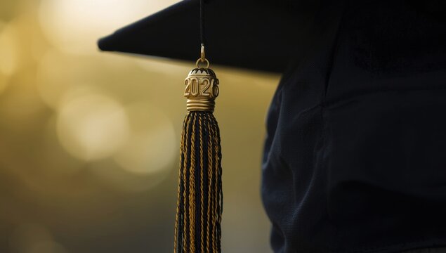 Graduation cap tassel with 2026 charm on gold background gold tassel black graduation cap