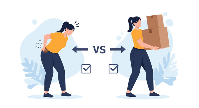 Comparative health illustration showing the wrong way to lift heavy boxes causing back pain versus the correct ergonomic technique.