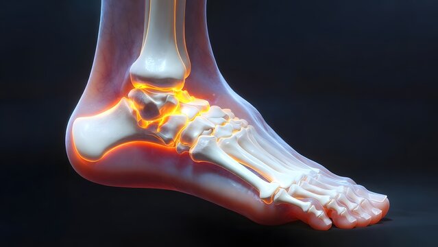 Metatarsophalangeal joint pain and toe injury. Podiatry healthcare and orthopedic bone diagnosis. Glowing skeletal foot with red heat area showing gout or metatarsalgia inflammation
