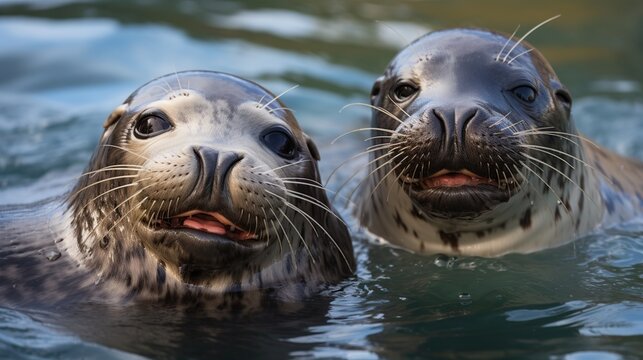 Two curious harbor seals peek above the water, presenting endearing whiskers and friendly expressions