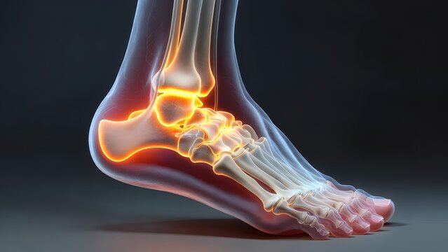 Talus bone injury and ankle joint inflammation. Orthopedic medicine and skeletal anatomy visualization. Human foot with glowing red area showing talar fracture or severe joint sprain