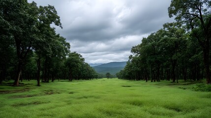 Fototapeta premium Lush green meadow framed by dense forest under a dramatic overcast sky evoking a tranquil monsoon atmosphere