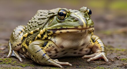 Fototapeta premium Close-up of a large green frog sitting on a textured surface.