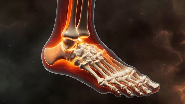 Arthritis in ankle joint and tarsal bone degeneration. Chronic pain management and orthopedic surgery. Glowing skeletal human foot with red heat area showing severe joint inflammation