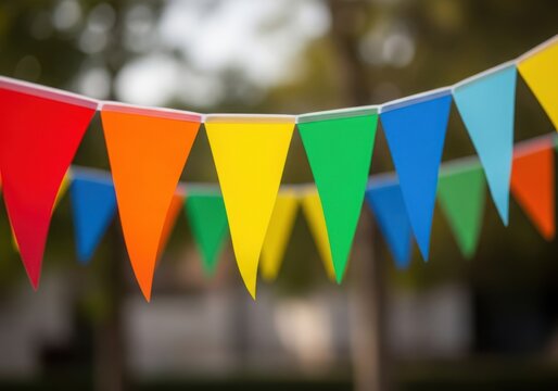 Colorful triangular bunting flags strung outdoors on a cloudy day