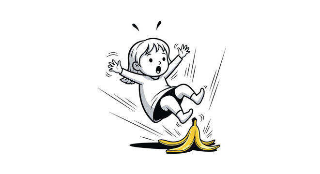 Line art illustration of a young girl slipping on a yellow banana peel and falling backwards with a surprised look.