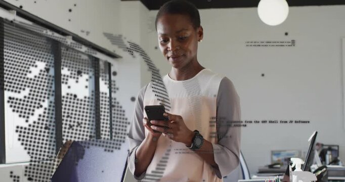 Woman tapping and scrolling phone, briefly glancing up, activating dotted globe viewing tech data