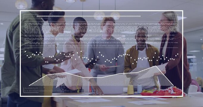 Group of six colleagues opening white box and pointing at samples while discussing product design