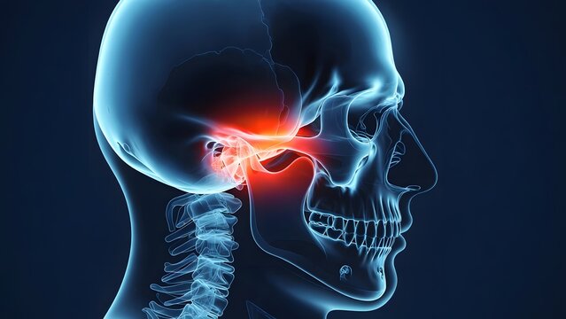 Craniofacial pain and skeletal jaw anatomy. Neurological and dental healthcare. Blue translucent human skull with glowing red energy indicating severe jaw and temple pain