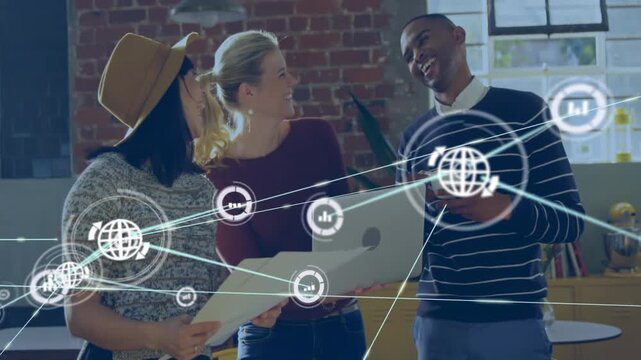 Three teammates pointing at laptop, globe appearing then multiplying into network showing teamwork