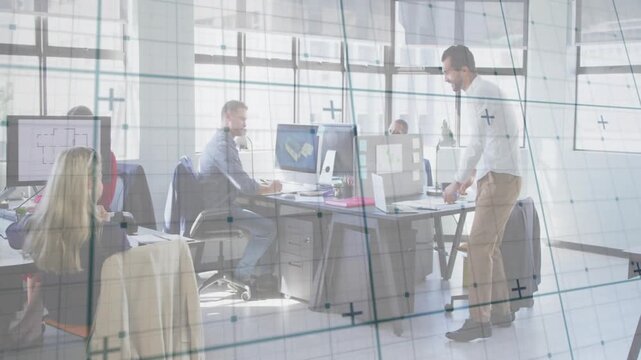 After adjusting desk walking man white shirt greeting left coworker at office with grid, copy space