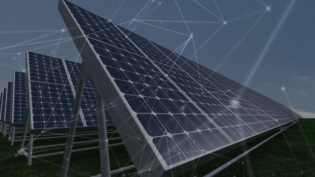 Cam pushing amid tilted panels revealing underside then face overlaying drifting energy net
