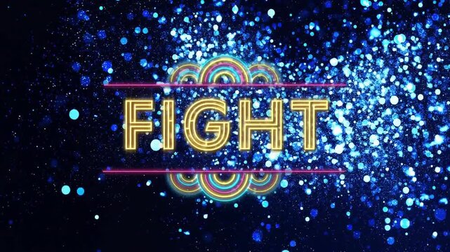 Letter F lighting, bokeh sweeping left, filling neon FIGHT rainbow and pink bars revealing brand