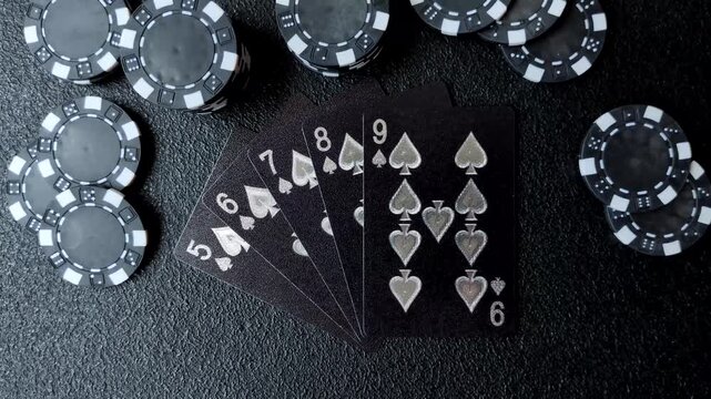 Playing cards and chips on a table, a gambling game of poker. Cards and chips on a gaming table as a background for your design