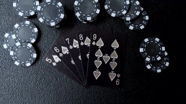 Playing cards and chips on a table, a gambling game of poker. Cards and chips on a gaming table as a background for your design
