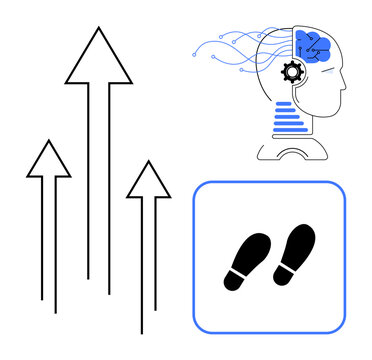 Innovation, artificial intelligence, progress, business strategy, machine thinking, evolution. Human profile with a brain and gears, arrows rising upward and a footprint icon. Innovation