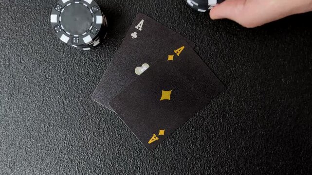 Playing cards and chips on a table, a gambling game of blackjack or baccarat. Cards and chips on a gaming table as a background for your design