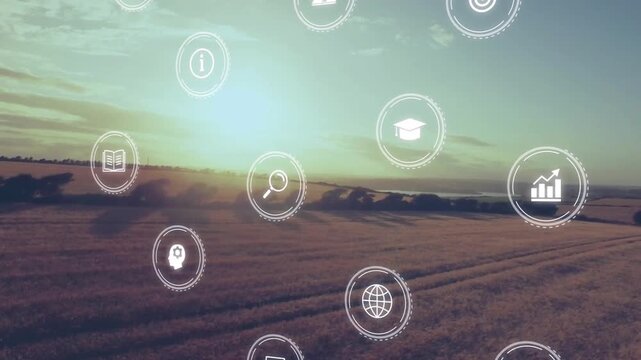 Low sun flaring sparking HUD icons appearing drifting over wheat showing crop data as drone moving