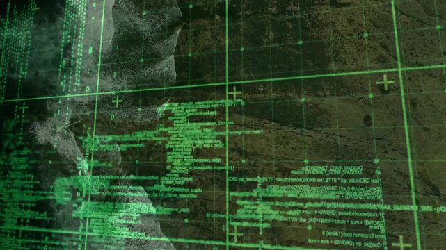 Green HUD initiating leftward scan over coastline, consolidating code blocks for mapping analysis