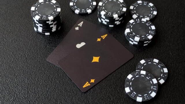 Playing cards and chips on a table, a gambling game of blackjack or baccarat. Cards and chips on a gaming table as a background for your design