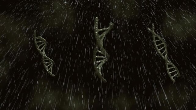 Vertical video: Playback starting three DNA helices rotating tilting while rain falling for biotech