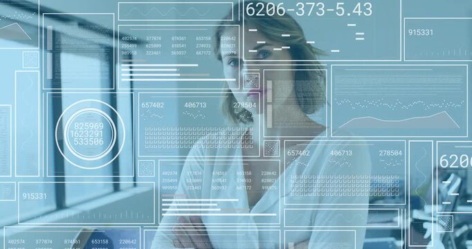 Woman shifting gaze to camera in office causing HUD moving and showing data engaging business users