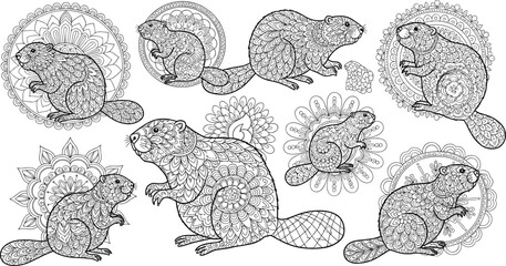 Intricate beaver mandala illustration set with ornate patterns, detailed animal line art, decorative coloring page vector collection design © MstLaky