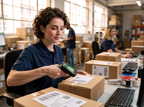 Female warehouse worker scanning barcode on cardboard box. Young woman employee processing packages for shipping in distribution center