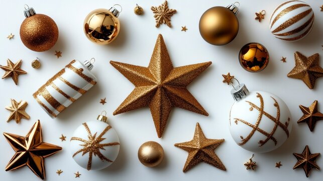Festive Gold and White Christmas Ornaments on White Background