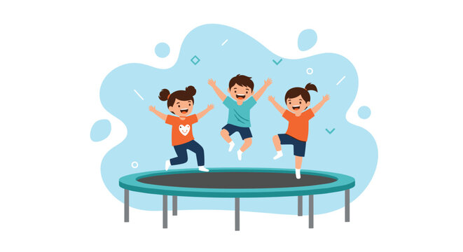 Three happy children jumping and playing on a round trampoline with a blue abstract splash background for outdoor fun.