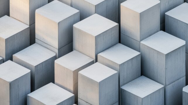 Abstract isometric pattern of textured concrete blocks in varying heights, a minimalist architectural composition highlighting geometric forms and dynamic lightshadow play. Structure,