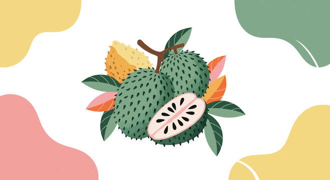Fresh Soursop Fruit Illustration with Leaves and Abstract Shapes