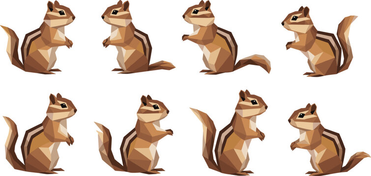 Geometric chipmunk polygon collection with low poly design, abstract striped squirrel animals in modern style vector illustration set
