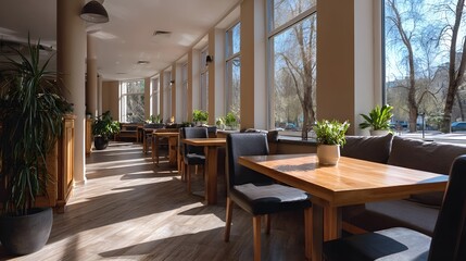Fototapeta premium Bright and airy cafe interior with wooden tables and chairs bathed in natural sunlight overlooking trees