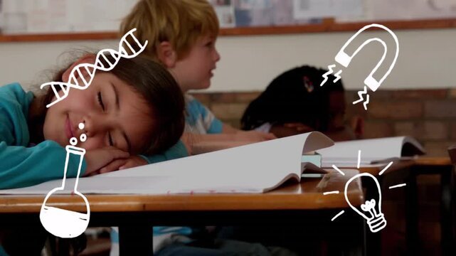 Girl resting head on desk in class, science icons appearing over workbook, supporting learning