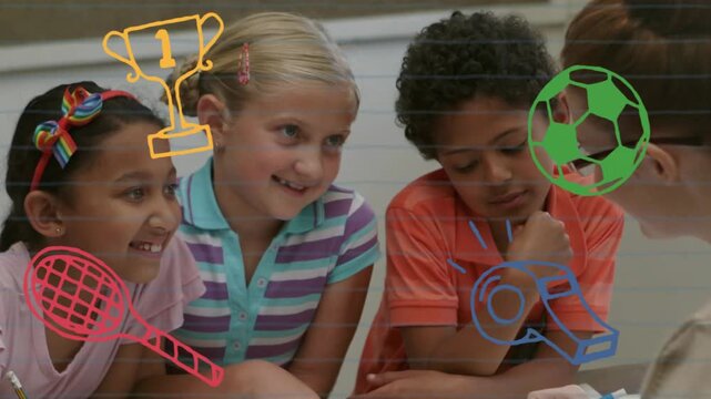 Adult starting writing on notepad, children leaning and pointing, sport doodles appearing, learning
