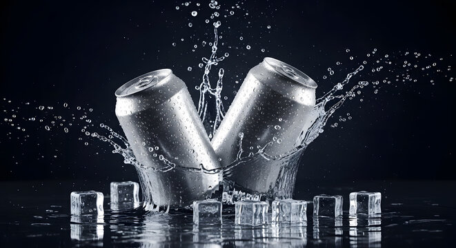 blank aluminum soda cans splashing in water | refreshing beverage can mockup on black background | silver energy drink cans with ice and water splash | cold carbonated drink metal cans