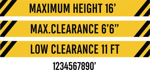 Fototapeta premium Clearance Height Warning Sign Vector. Clearance height warning sign vector with maximum height and low clearance notice isolated industrial safety illustration