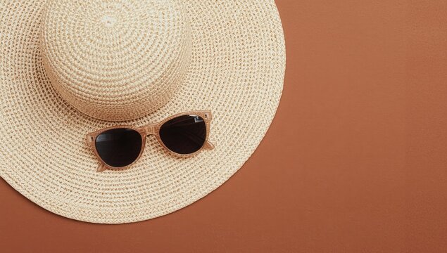 Straw sun hat with brown sunglasses on orange background straw hat summer
