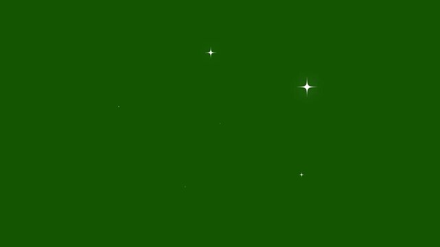 Star twinkling light animation loop, sparkling white glowing twinkle with flashes and dots, retro vector style stars on green screen, 4K shining overlay effect video