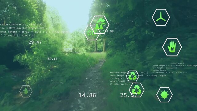 Camera moving along wood trail spawning hex icons aligning to trail updating eco data near bridge