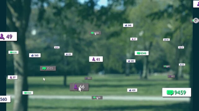 Cursor hovering over badges, overlays gathering then fading across park, showing social analytics