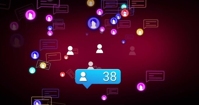 Blue bubble updating count, drawing color avatars in on maroon tech UI, showing social growth