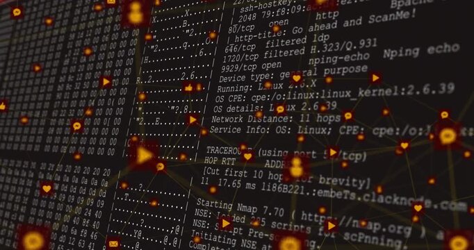 Camera zooming, network mesh revealing console output while nodes pulsing, showing live diagnostics