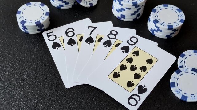 Playing cards and chips on a table, a gambling game of poker. Cards and chips on a gaming table as a background for your design