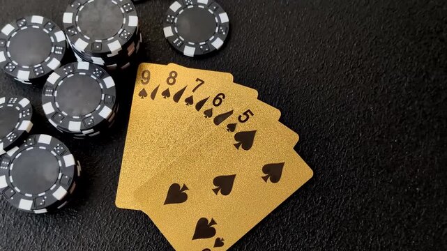 Playing cards and chips on a table, a gambling game of poker. Cards and chips on a gaming table as a background for your design
