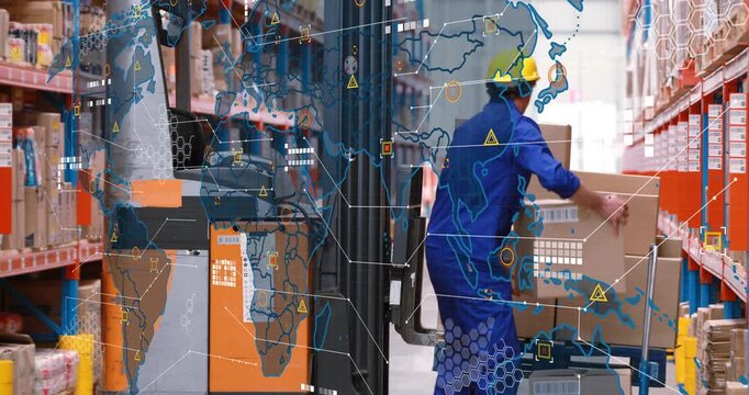 Warehouse worker moving cart shelving boxes for orders while map overlay showing worker, stacker