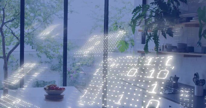 Holographic projection appearing right forming dotted panels sweeping across kitchen showing data